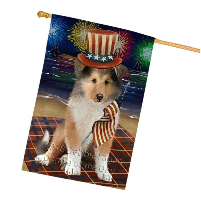 4th of July Independence Day Firework Rough Collie Dog House Flag FLG57650