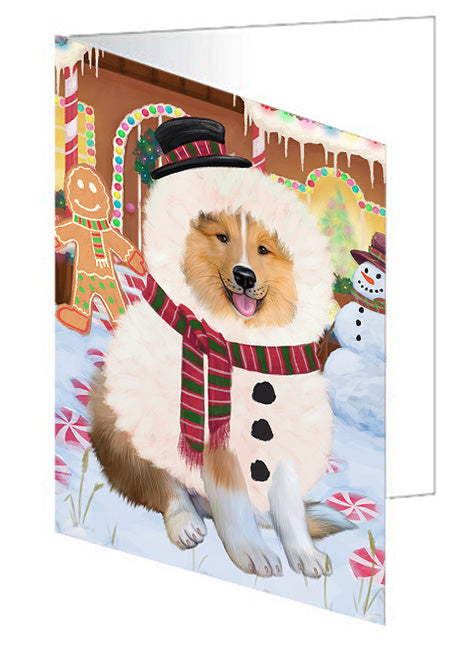 Christmas Gingerbread House Candyfest Rough Collie Dog Handmade Artwork Assorted Pets Greeting Cards and Note Cards with Envelopes for All Occasions and Holiday Seasons GCD74072