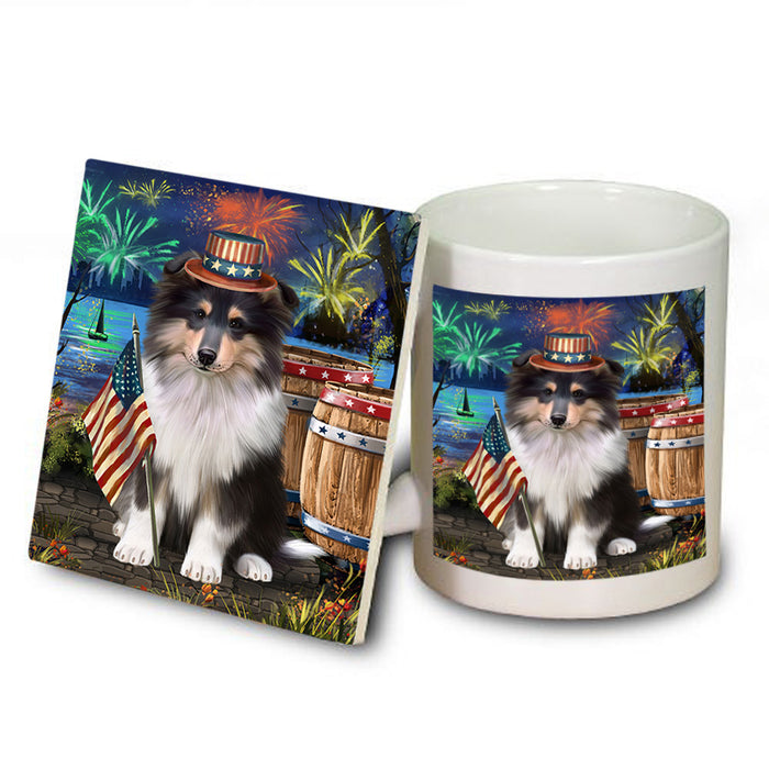 4th of July Independence Day Firework Rough Collie Dog Mug and Coaster Set MUC54057