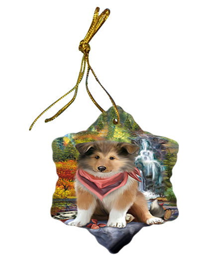 Scenic Waterfall Rough Collie Dog Star Porcelain Ornament SPOR54798