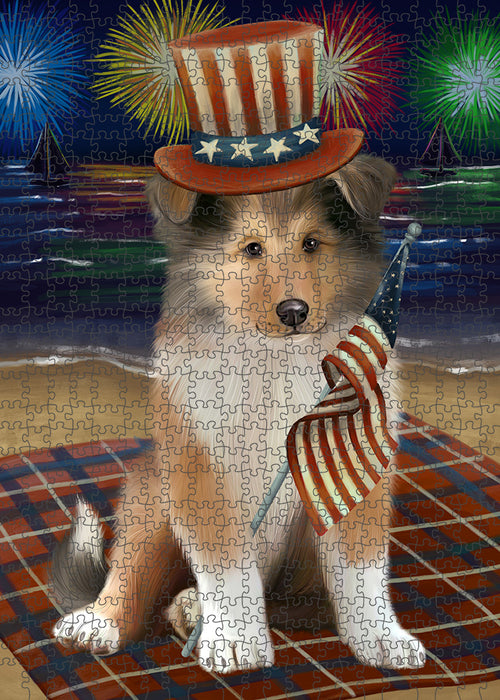 4th of July Independence Day Firework Rough Collie Dog Puzzle with Photo Tin PUZL96092