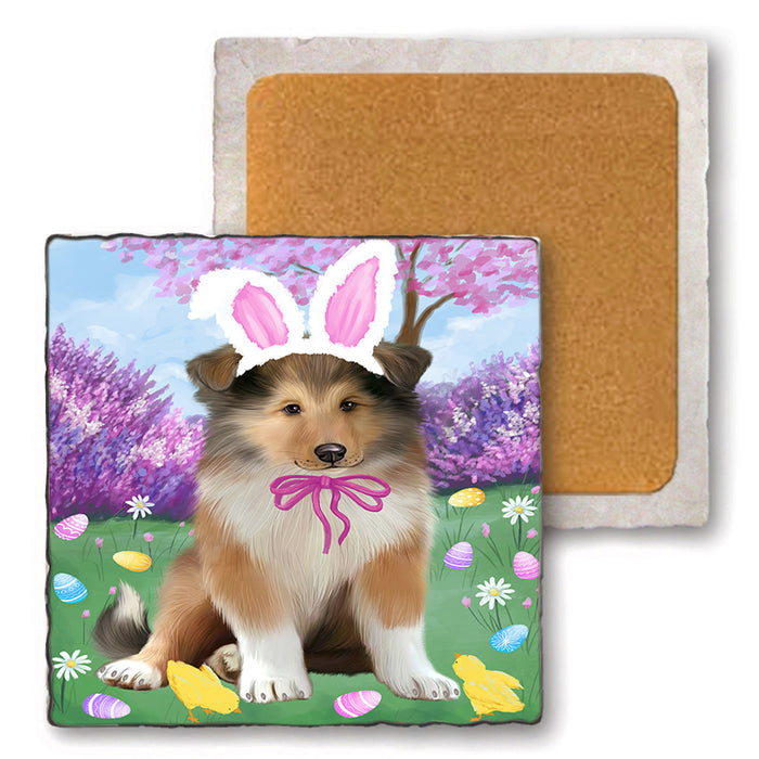 Easter Holiday Rough Collie Dog Set of 4 Natural Stone Marble Tile Coasters MCST51927