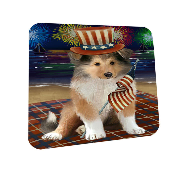 4th of July Independence Day Firework Rough Collie Dog Coasters Set of 4 CST56803