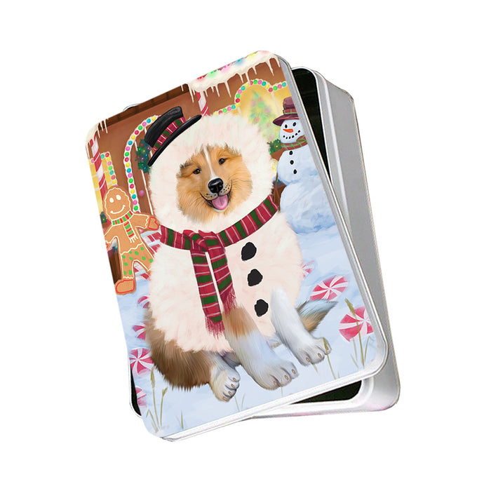 Christmas Gingerbread House Candyfest Rough Collie Dog Photo Storage Tin PITN56462