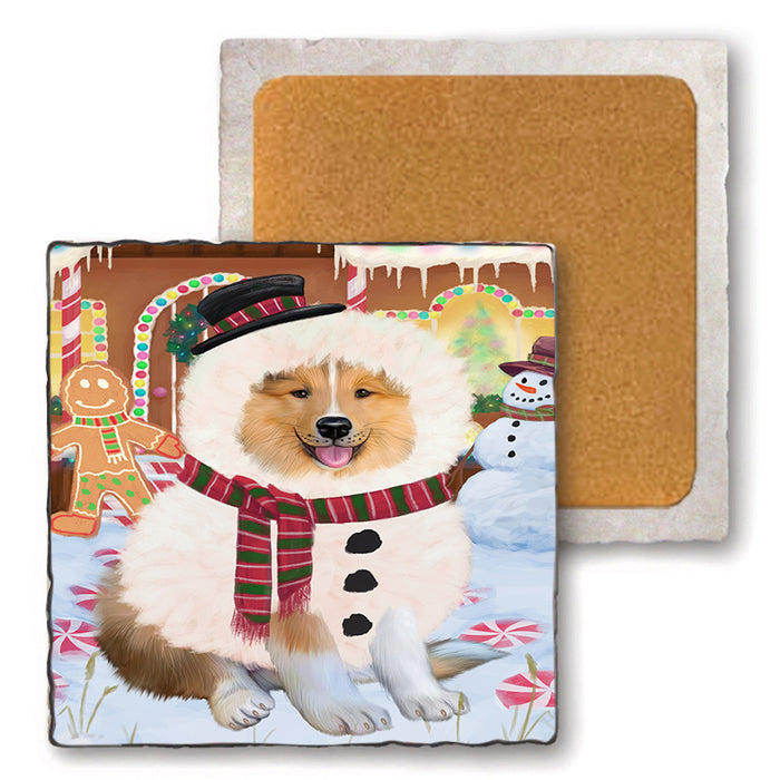 Christmas Gingerbread House Candyfest Rough Collie Dog Set of 4 Natural Stone Marble Tile Coasters MCST51519