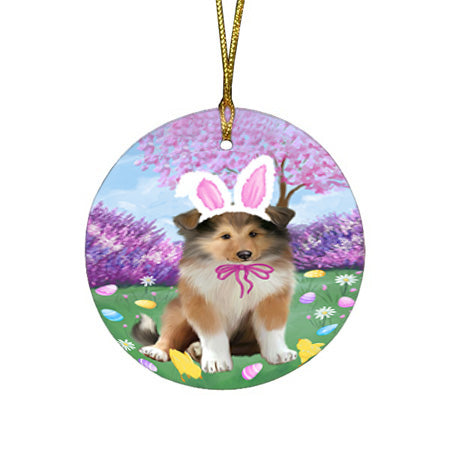 Easter Holiday Rough Collie Dog Round Flat Christmas Ornament RFPOR57328