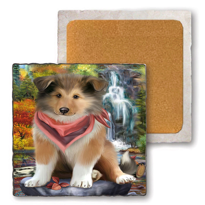 Scenic Waterfall Rough Collie Dog Set of 4 Natural Stone Marble Tile Coasters MCST49679