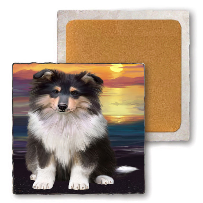 Rough Collie Dog Set of 4 Natural Stone Marble Tile Coasters MCST49626