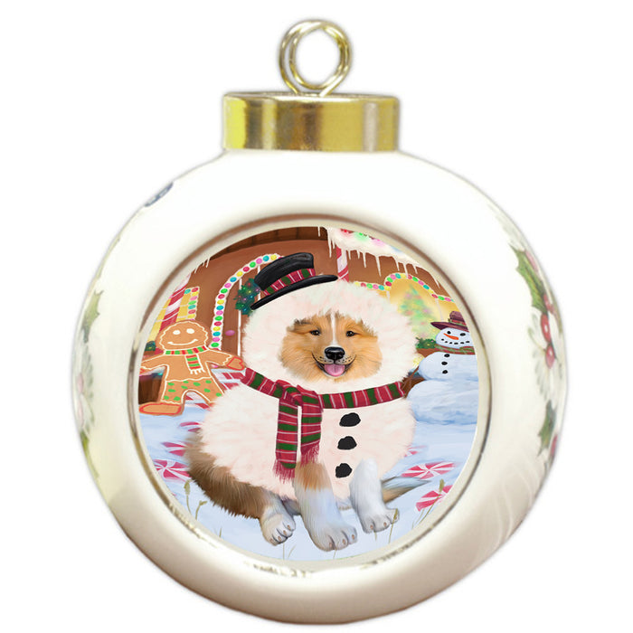 Christmas Gingerbread House Candyfest Rough Collie Dog Round Ball Christmas Ornament RBPOR56875