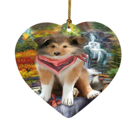 Scenic Waterfall Rough Collie Dog Heart Christmas Ornament HPOR54807