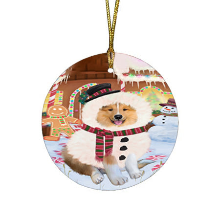 Christmas Gingerbread House Candyfest Rough Collie Dog Round Flat Christmas Ornament RFPOR56875