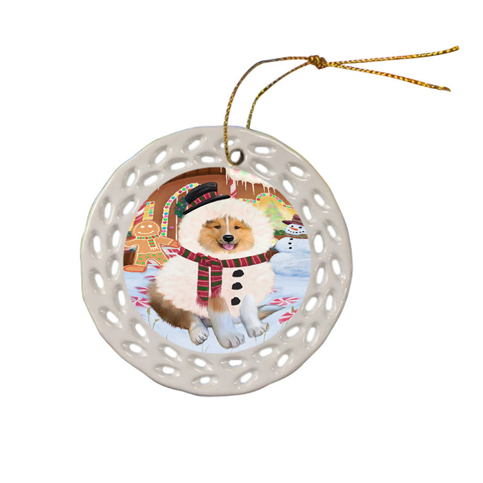 Christmas Gingerbread House Candyfest Rough Collie Dog Ceramic Doily Ornament DPOR56875