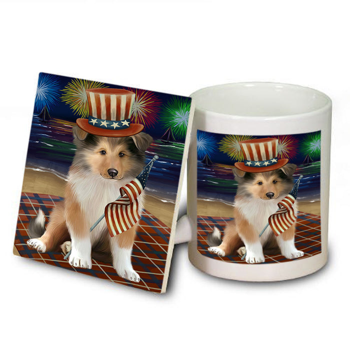4th of July Independence Day Firework Rough Collie Dog Mug and Coaster Set MUC56837