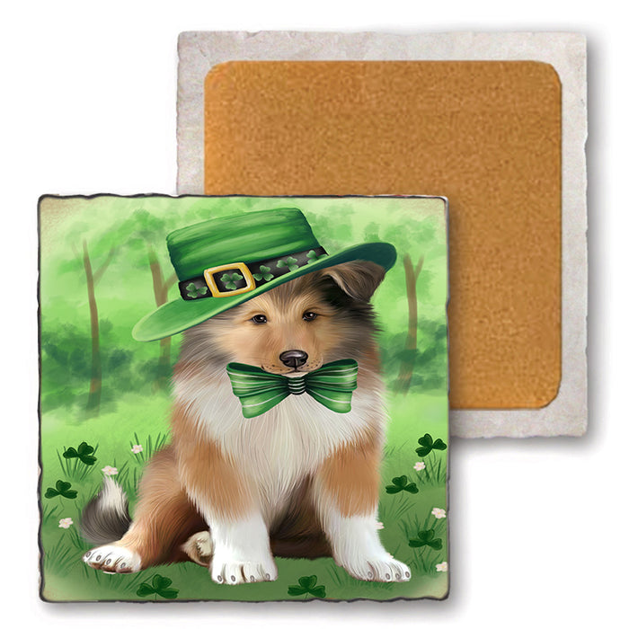St. Patricks Day Irish Portrait Rough Collie Dog Set of 4 Natural Stone Marble Tile Coasters MCST52031