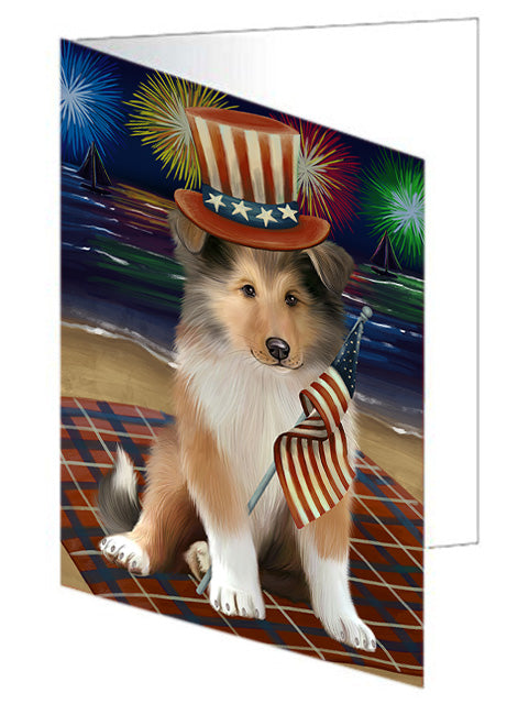 4th of July Independence Day Firework Rough Collie Dog Handmade Artwork Assorted Pets Greeting Cards and Note Cards with Envelopes for All Occasions and Holiday Seasons GCD76049
