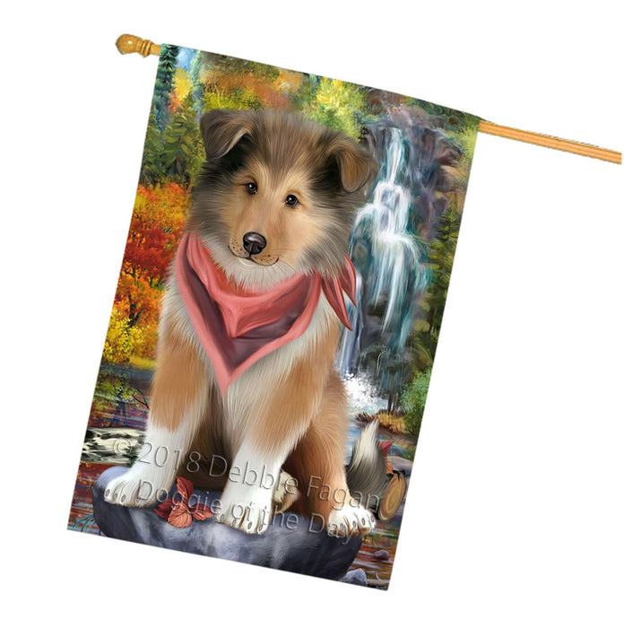 Scenic Waterfall Rough Collie Dog House Flag FLG55005