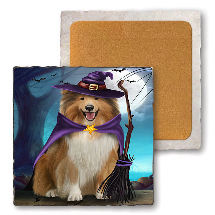 Happy Halloween Trick or Treat Rough Collie Dog Set of 4 Natural Stone Marble Tile Coasters MCST49523