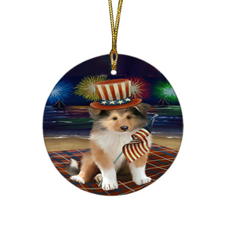 4th of July Independence Day Firework Rough Collie Dog Round Flat Christmas Ornament RFPOR57246
