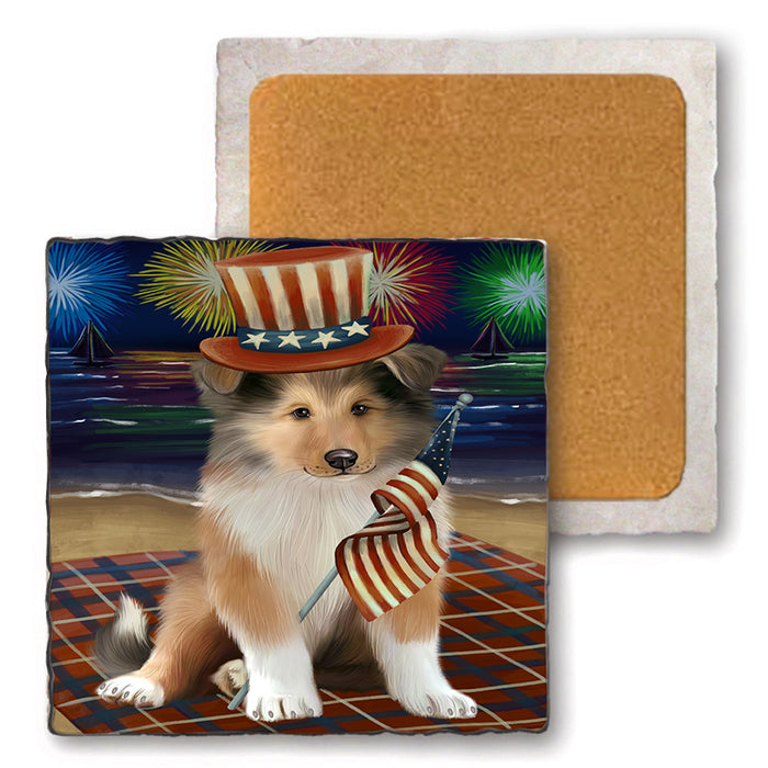 4th of July Independence Day Firework Rough Collie Dog Set of 4 Natural Stone Marble Tile Coasters MCST51845