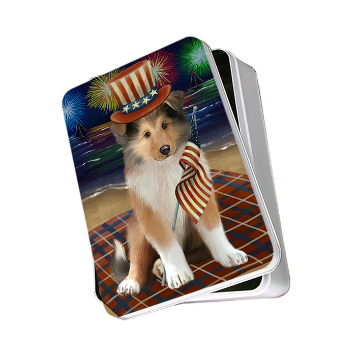 4th of July Independence Day Firework Rough Collie Dog Photo Storage Tin PITN56788