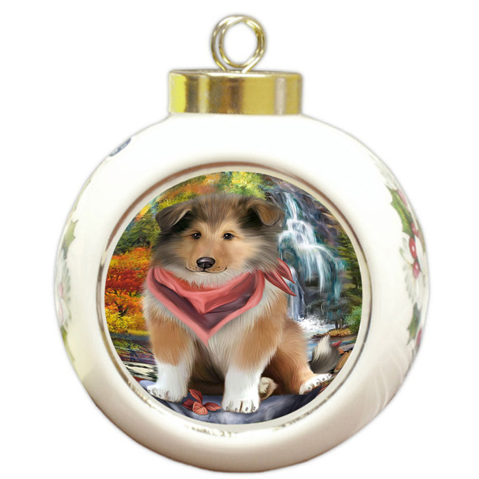 Scenic Waterfall Rough Collie Dog Round Ball Christmas Ornament RBPOR54807