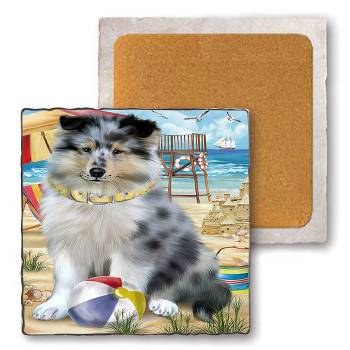 Pet Friendly Beach Rough Collie Dog Set of 4 Natural Stone Marble Tile Coasters MCST49182