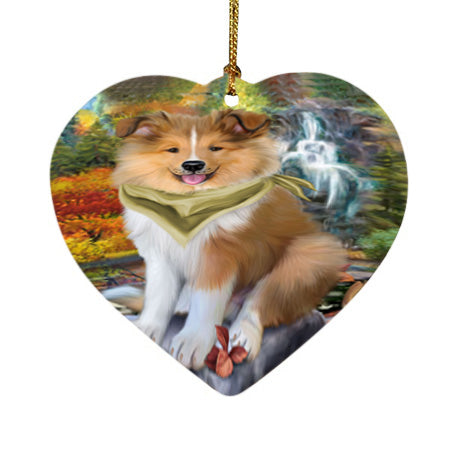 Scenic Waterfall Rough Collie Dog Heart Christmas Ornament HPOR54808