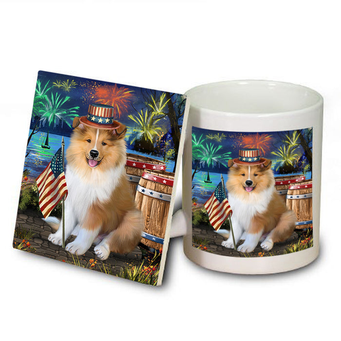 4th of July Independence Day Firework Rough Collie Dog Mug and Coaster Set MUC54058
