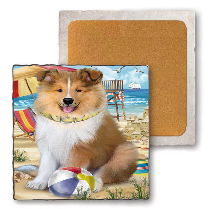 Pet Friendly Beach Rough Collie Dog Set of 4 Natural Stone Marble Tile Coasters MCST49183