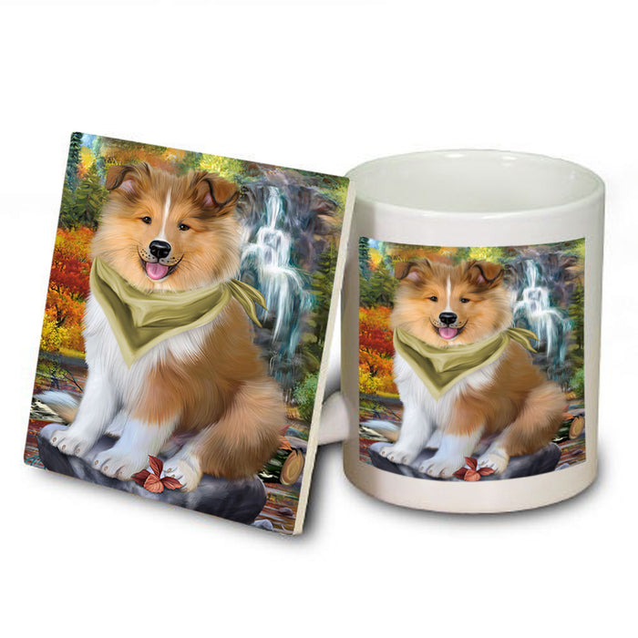 Scenic Waterfall Rough Collie Dog Mug and Coaster Set MUC54672