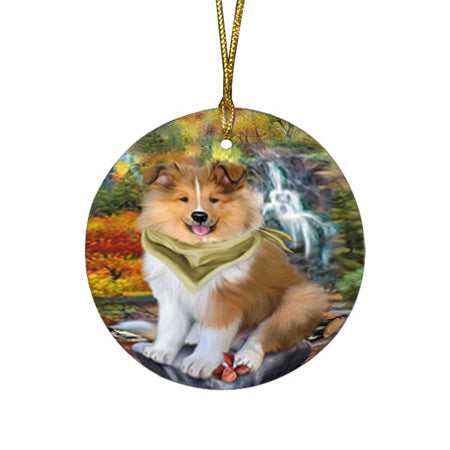 Scenic Waterfall Rough Collie Dog Round Flat Christmas Ornament RFPOR54799