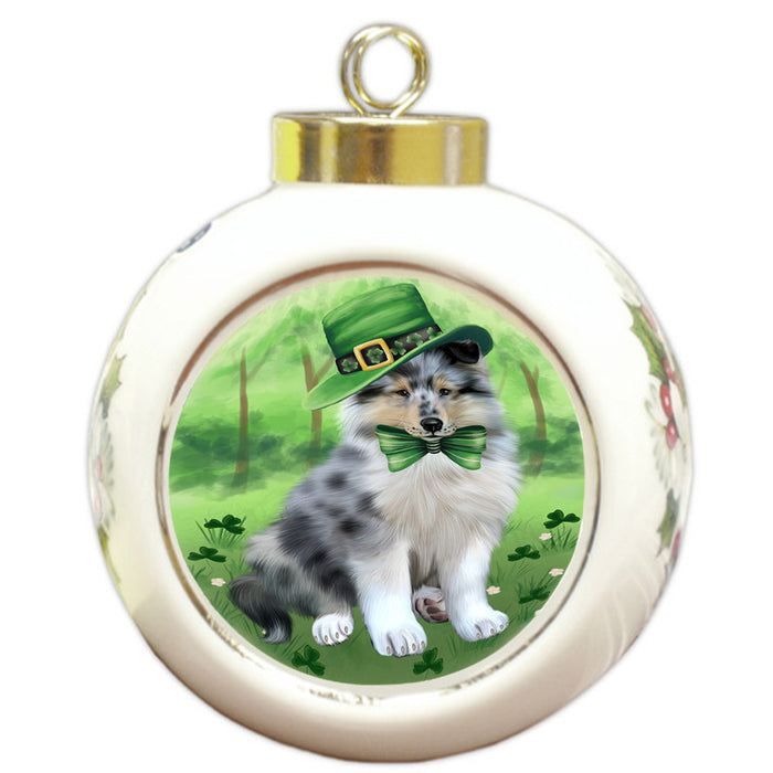 St. Patricks Day Irish Portrait Rough Collie Dog Round Ball Christmas Ornament RBPOR58159
