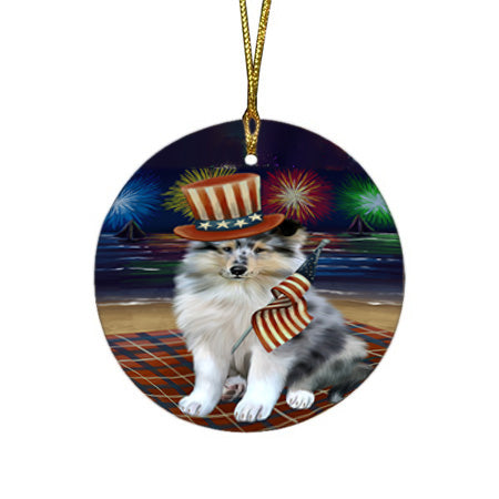 4th of July Independence Day Firework Rough Collie Dog Round Flat Christmas Ornament RFPOR57247