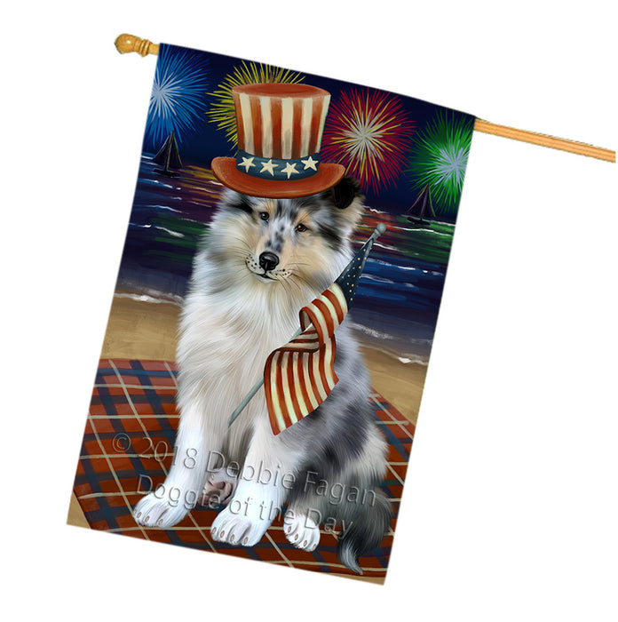 4th of July Independence Day Firework Rough Collie Dog House Flag FLG57651