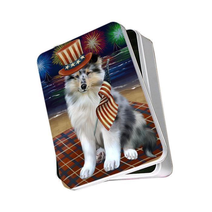 4th of July Independence Day Firework Rough Collie Dog Photo Storage Tin PITN56789