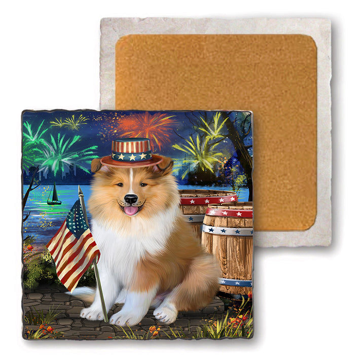 4th of July Independence Day Firework Rough Collie Dog Set of 4 Natural Stone Marble Tile Coasters MCST49066