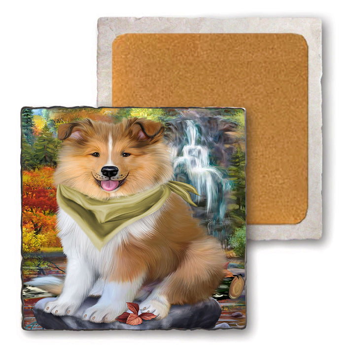 Scenic Waterfall Rough Collie Dog Set of 4 Natural Stone Marble Tile Coasters MCST49680
