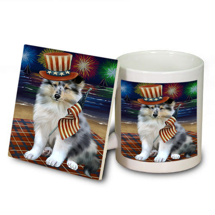 4th of July Independence Day Firework Rough Collie Dog Mug and Coaster Set MUC56838