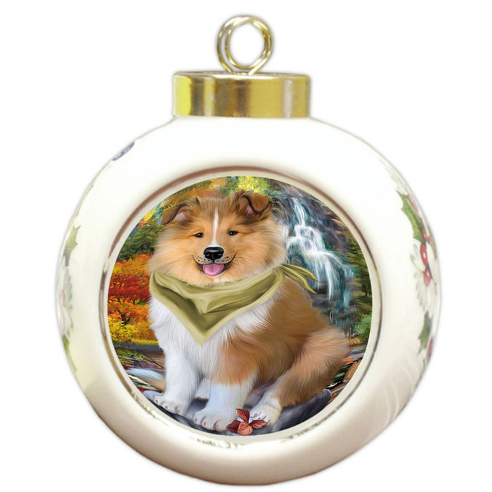 Scenic Waterfall Rough Collie Dog Round Ball Christmas Ornament RBPOR54808