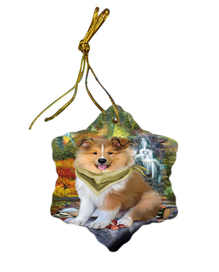 Scenic Waterfall Rough Collie Dog Star Porcelain Ornament SPOR54799