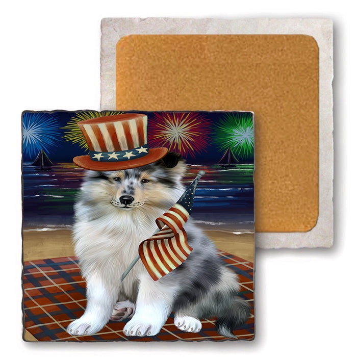 4th of July Independence Day Firework Rough Collie Dog Set of 4 Natural Stone Marble Tile Coasters MCST51846