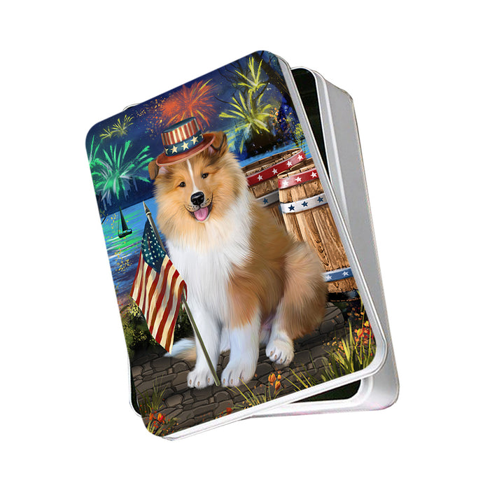 4th of July Independence Day Firework Rough Collie Dog Photo Storage Tin PITN54009