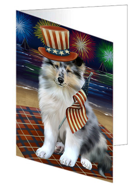 4th of July Independence Day Firework Rough Collie Dog Handmade Artwork Assorted Pets Greeting Cards and Note Cards with Envelopes for All Occasions and Holiday Seasons GCD76052