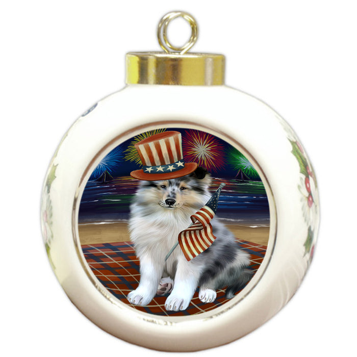 4th of July Independence Day Firework Rough Collie Dog Round Ball Christmas Ornament RBPOR57247