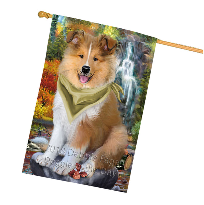 Scenic Waterfall Rough Collie Dog House Flag FLG55006
