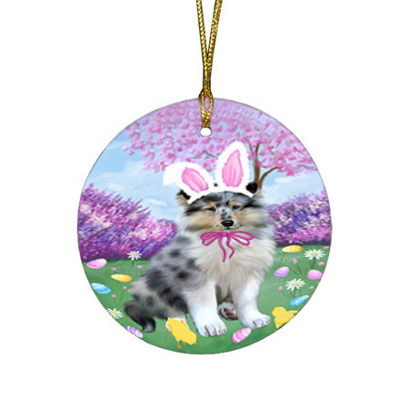 Easter Holiday Rough Collie Dog Round Flat Christmas Ornament RFPOR57329