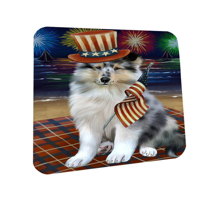 4th of July Independence Day Firework Rough Collie Dog Coasters Set of 4 CST56804
