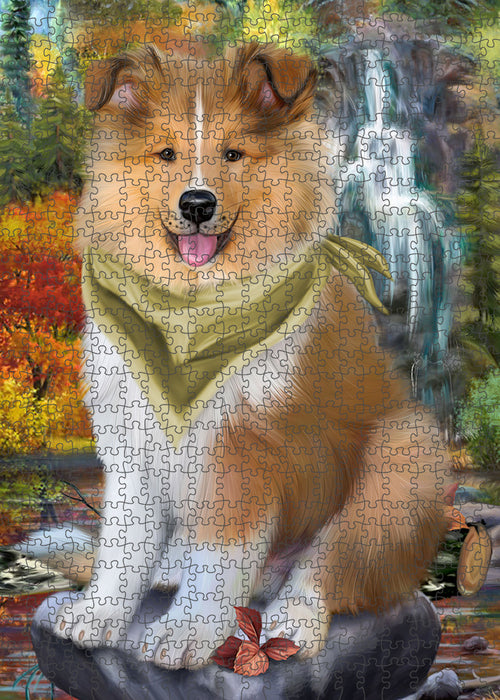 Scenic Waterfall Rough Collie Dog Puzzle with Photo Tin PUZL86388