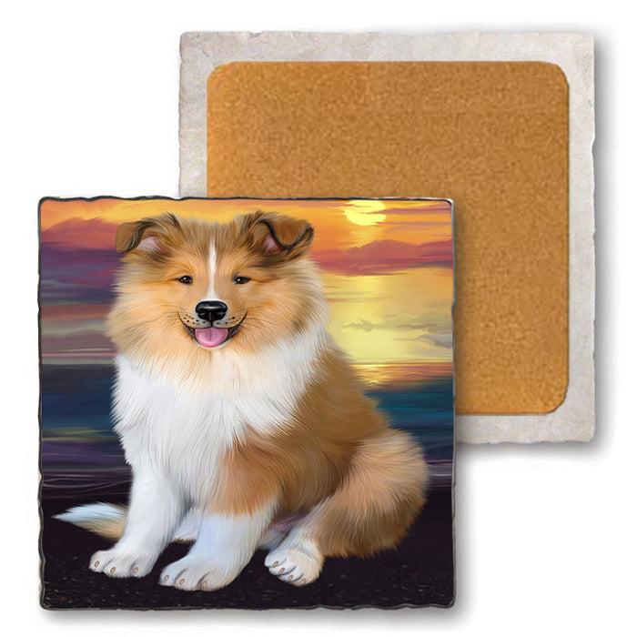 Rough Collie Dog Set of 4 Natural Stone Marble Tile Coasters MCST49627