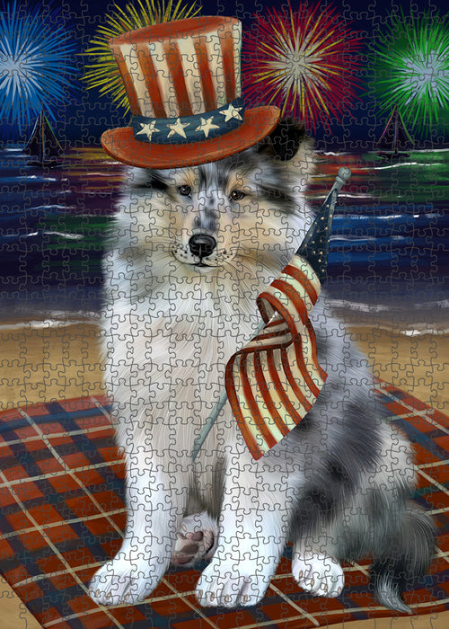 4th of July Independence Day Firework Rough Collie Dog Puzzle with Photo Tin PUZL96096